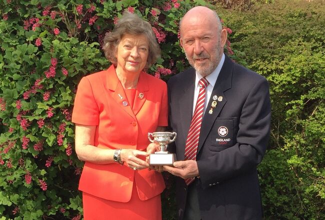 David & Margo Horsburgh with the Gerald Micklem Trophy for 2021, presented at the England Golf AGM